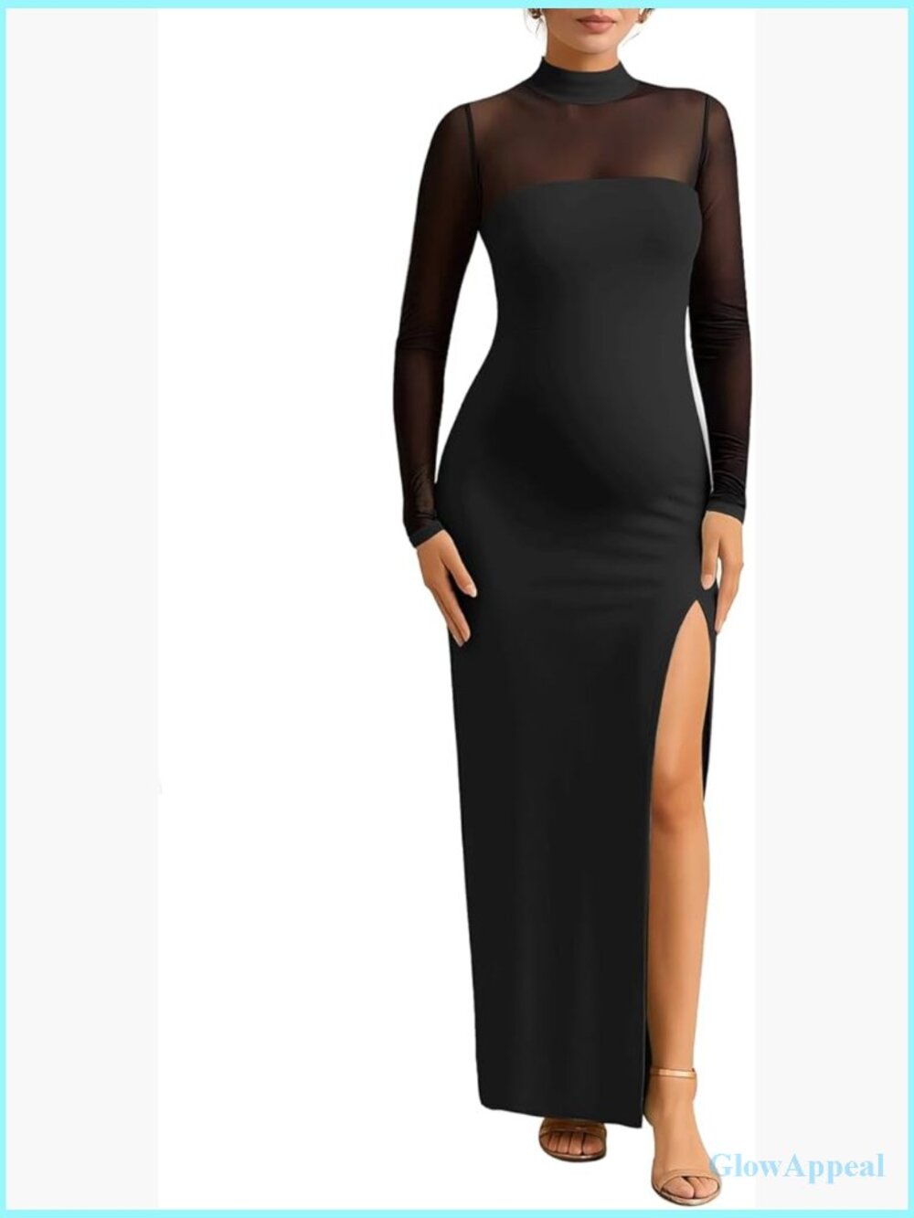 Maternity Maxi Dress Long Sleeve Bodycon Mesh Split Mock Neck